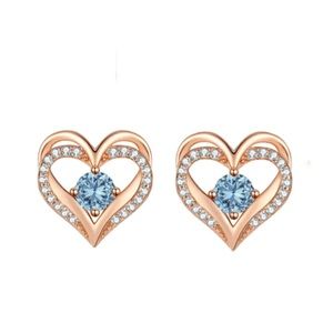 Diamond & Aquamarine Double Heart Rose Gold Toned Stud Earrings